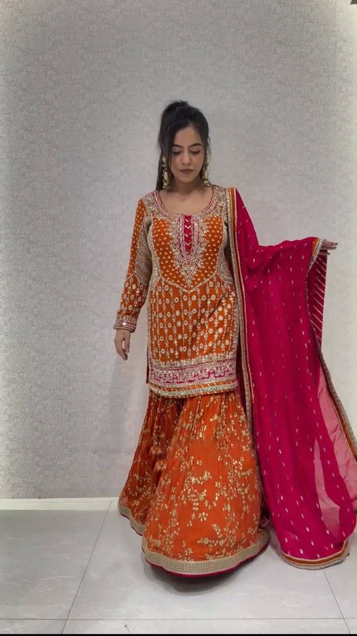 Foux Gorgette Sharara with Top & Dupatta