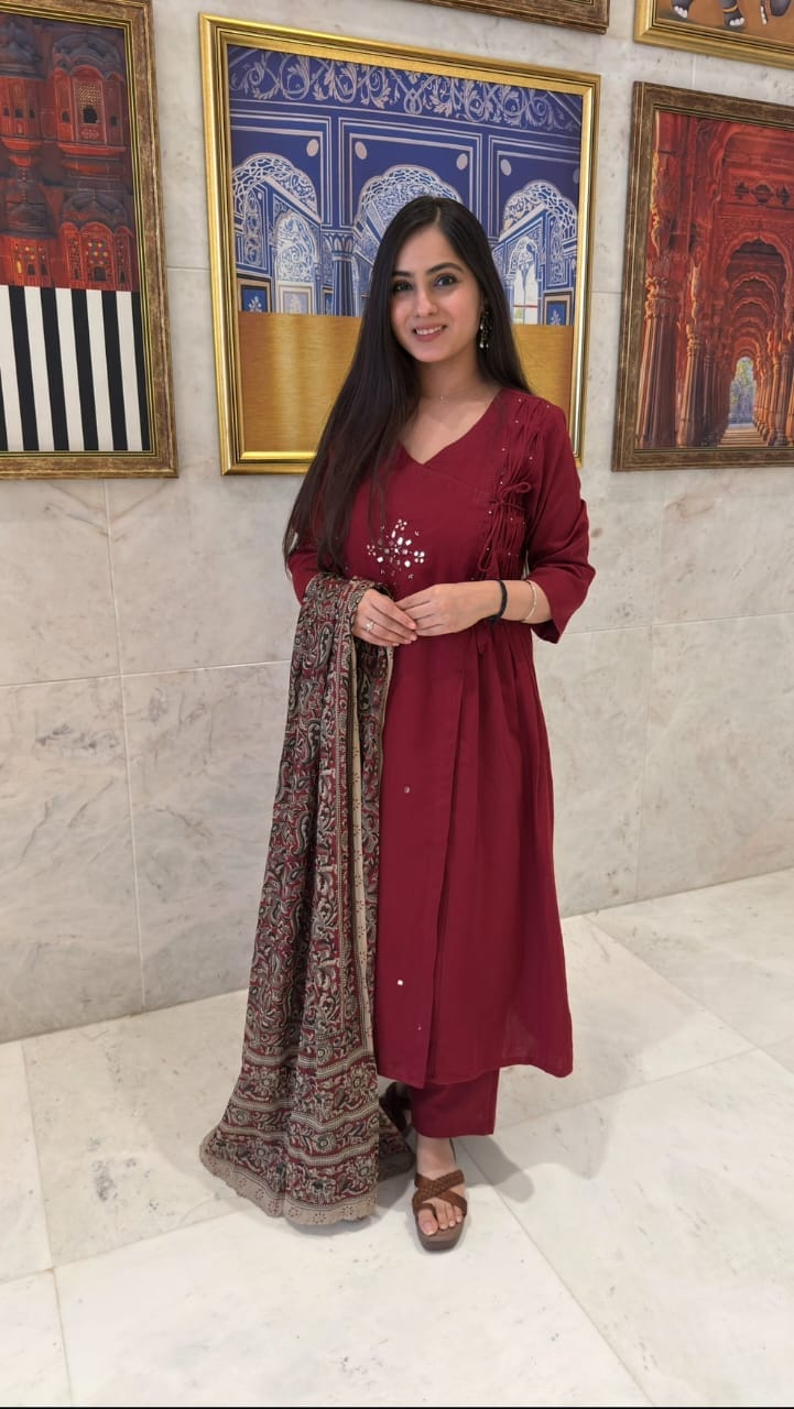 Sundari Kumkum Red Mirror and Pintuck Angrakha Neck with Knot Cotton