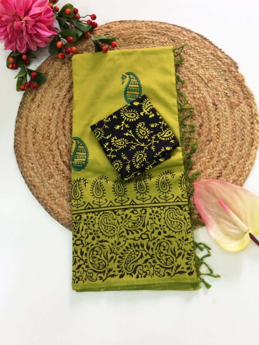 South cotton mix block printed saree with self & contrast blouse 