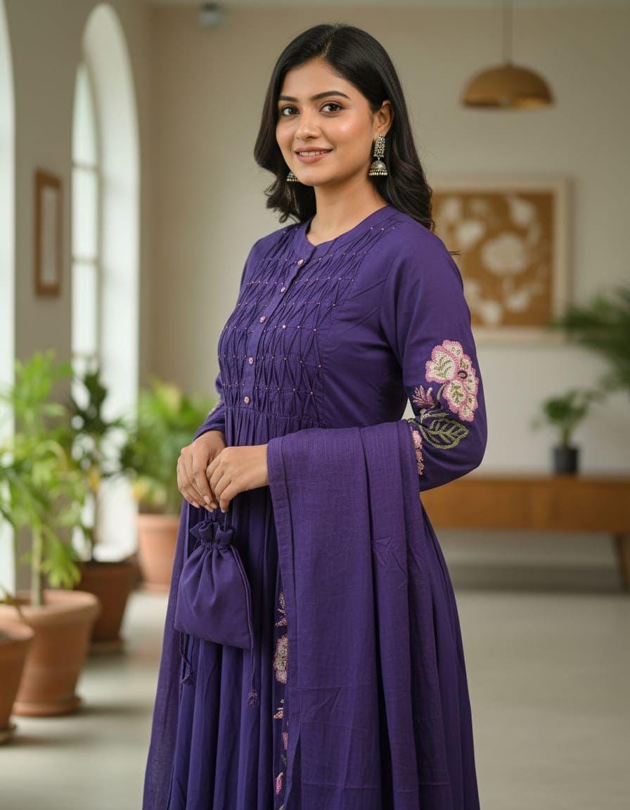 Straight kurta 3 pcs set with new style in machine embroidery